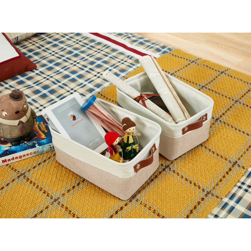 Decomomo Foldable Storage Bin | Collapsible Sturdy Cationic Fabric Storage Basket Cube W/Handles, Beige/White