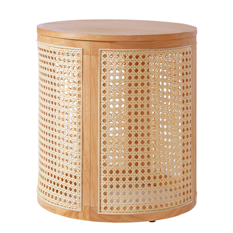 17.8"H Rubber Solid Wood Frame Rattan Grid Design Side Table, With Removable Rubber Solid Wood Panel Top End Table , Rustic Greenery Stand