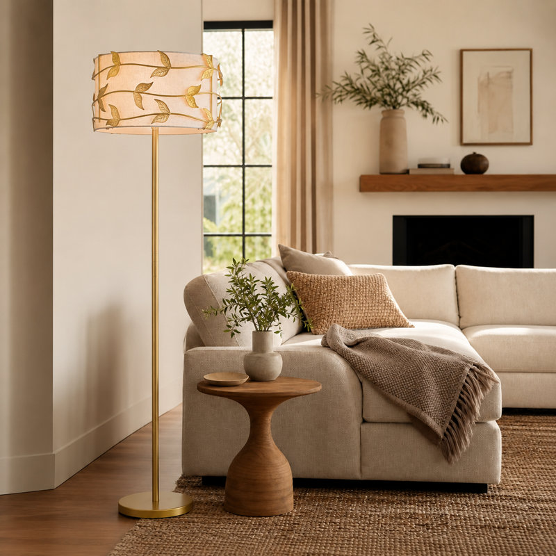 59.8" Modern Floor Lamp with Leaf-Pattern Fabric Shade, Gold