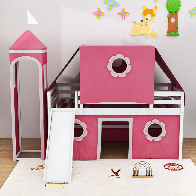 Lit mezzanine simple avec glissade et maisonnette