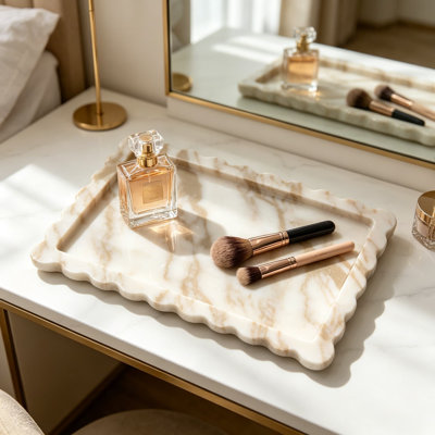Genuine Calacatta Gold Marble Tray, 13.6 x 9.6 Inch Large Scalloped Decorative Tray, Pre-Sealed for Stain and Water Resistance, Luxury Vanity Tray for Bathroom, Dresser, Coffee Table, Home Decor