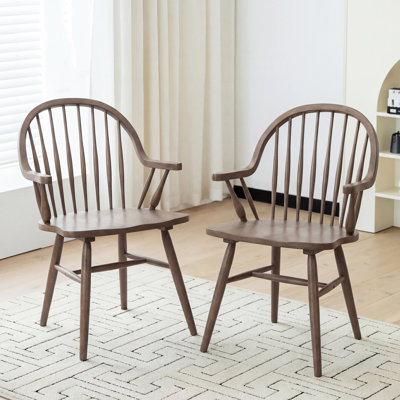 Hughes 24" Wide Windsor Solid Wood Dining Chairs With Armrests