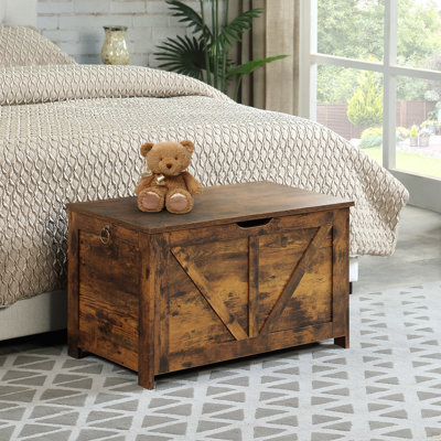 Banc de rangement rustique brun avec intérieur spacieux et poignée en forme de U, organisateur de coffre à jouets polyvalent et solution d'assise pour plusieurs pièces, assemblage facile et fabrication durable