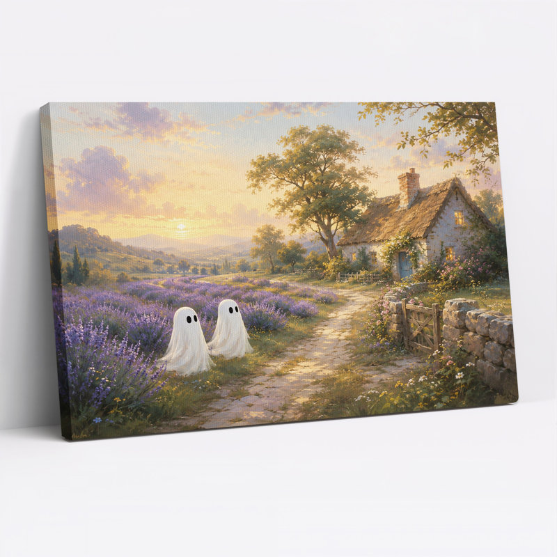 Art mural sur toile, "Deux fantômes blancs dans un champ de lavande près de chaume", 28"H x 40"W