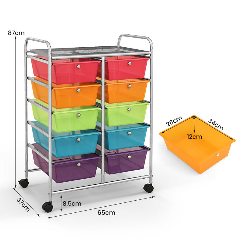 Nally 10 Drawer Storage Drawer with Locking Wheels, Clear Colorful/Silver