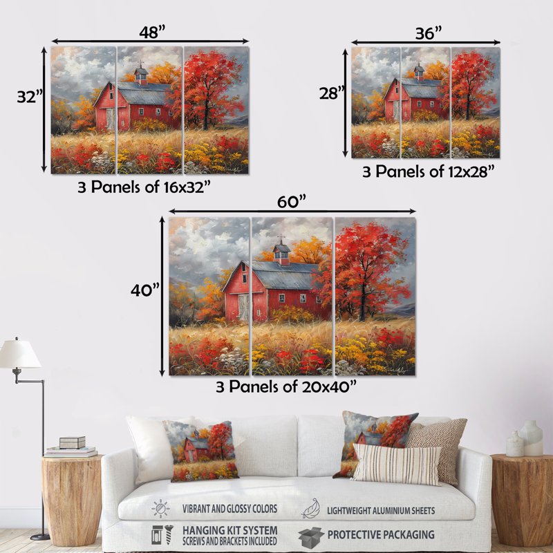 Autumn Red Barn Breeze I - Ensemble d'art mural de grange, Sans cadre, 32" H x 48" W
