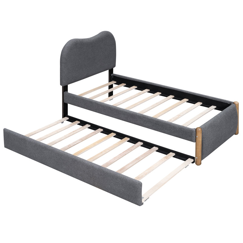 Lit plateforme simple tapissier gris avec lattes en bois et lit gigogne gigogne, -, sans sommier, design, Lit simple, Gris