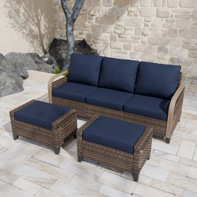3-Seater Patio Outdoor Wicker Sofa Sectional with Ottoman with Cushions