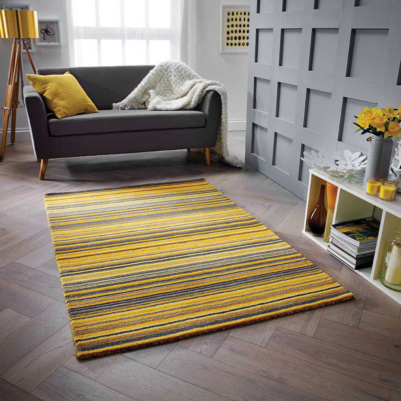 Tarren Handwoven Wool Yellow Striped Area Rug, Rectangle 200cm x 285 cm
