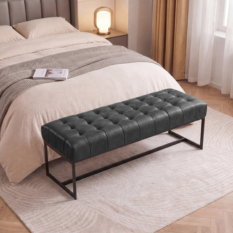 130cm Wide Genuine Leather Bench Tufted Iron Frame , Black