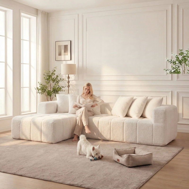 Canapé modulaire surdimensionné en L surdimensionné sans os, canapé moderne en tissu bouclé et peau de mouton avec méridienne, emballage sous vide compressé, canapé modulaire moelleux avec 5 coussins décoratifs pour salon, appartement et bureau