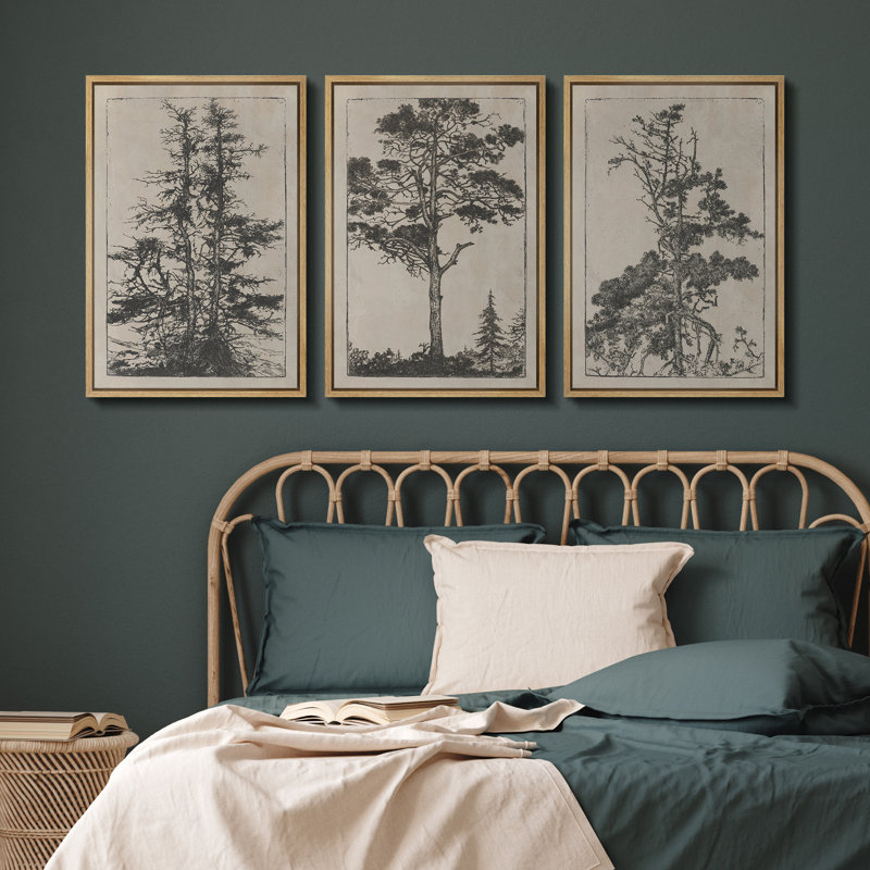 Pin antique antique, reproduction d'art sur toile, ensemble de 3 - décor de forêt rétro pour bureau ou bibliothèque, Naturel