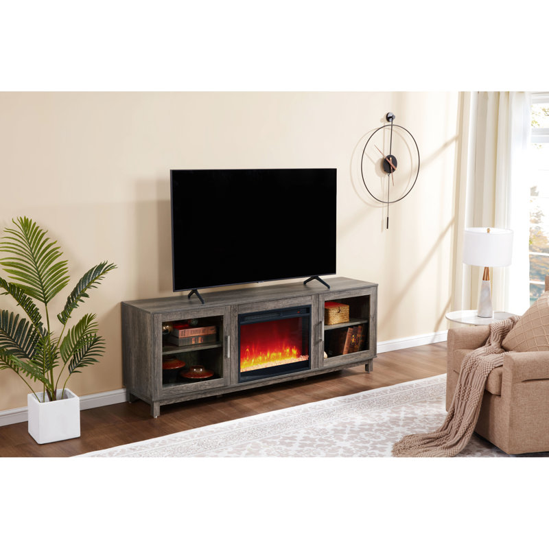 Meuble télé 70 po au fini noyer gris avec foyer intégré et chauffage, 11 réglages de température, 7 choix de couleurs de flamme, minuterie, armoires de rangement avec tablette à DEL, profondeur 15,16 po, hauteur 24,36 po,
