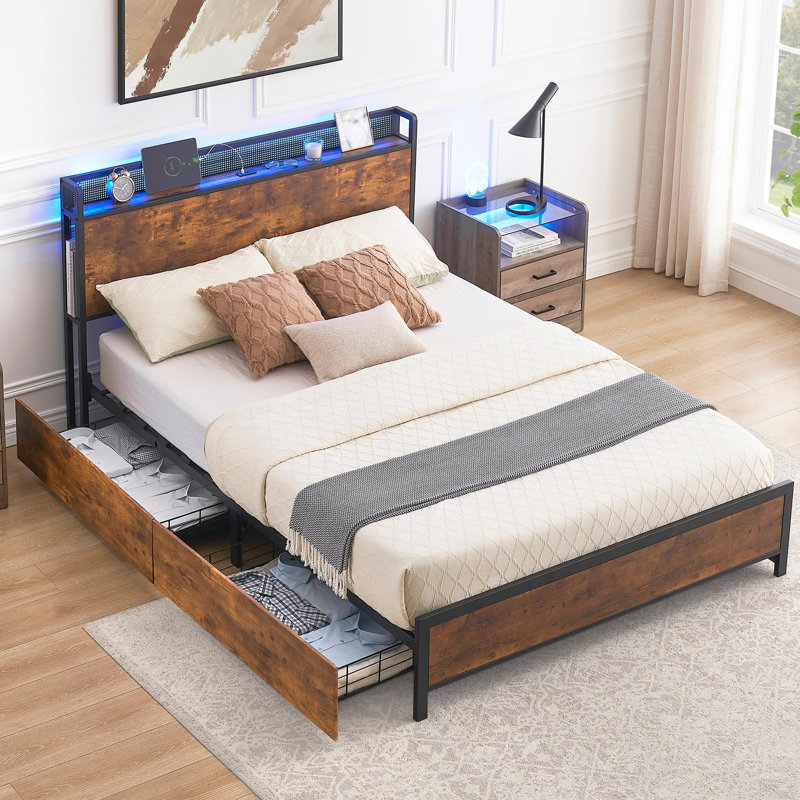 Queen Size Rustic Brown Metal Frame Bed with Storage Drawers and LED Headboard