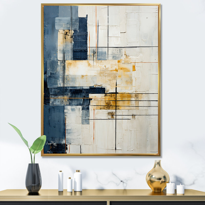 «Blue and White Timeless Minimalisme I», art mural abstrait, Cadre flottant doré, 44" H x 34" W