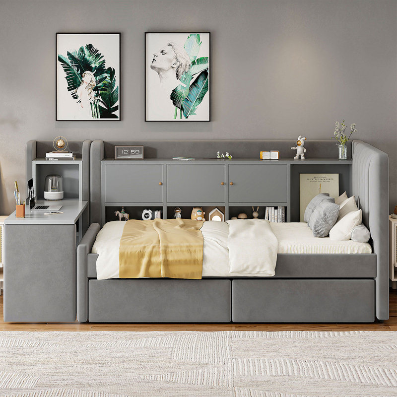 Lit de jour rembourré avec armoire rabattable et table d'appoint, Gris