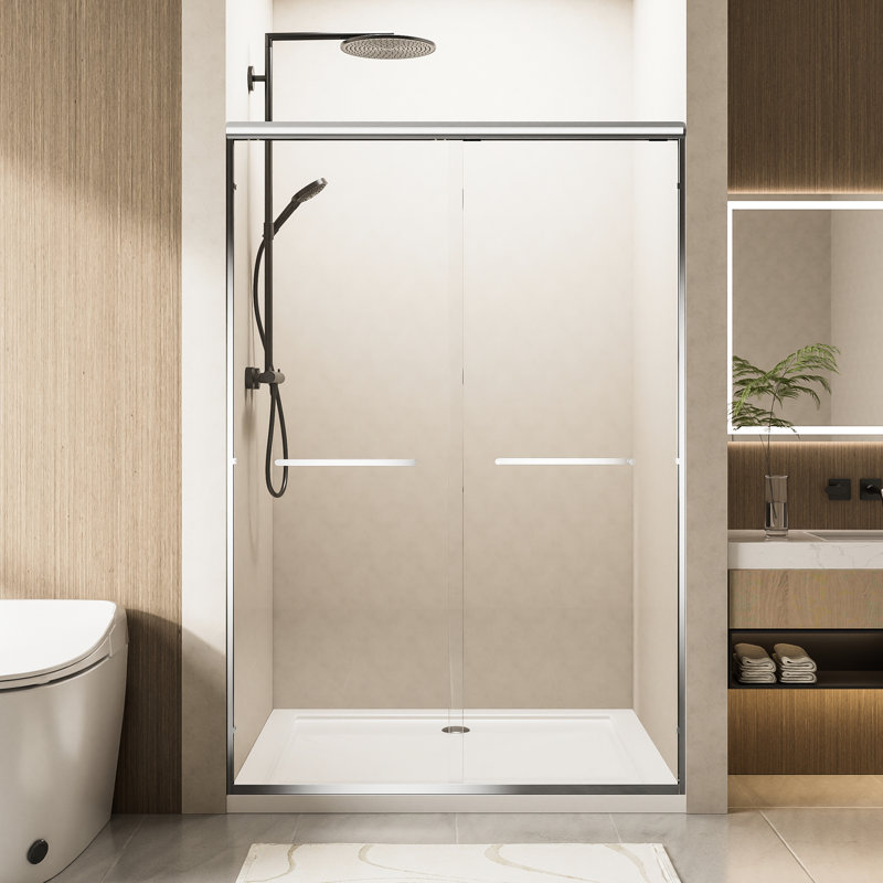 Aluminum Frame Double Sliding Shower Door With 1/4" Nano - Coated Tempered Glass, Dual Stainless Steel Handles, Waterproof Design And Adjustable Width For Bathroom 60" Wide Door, Corrosion Reversible