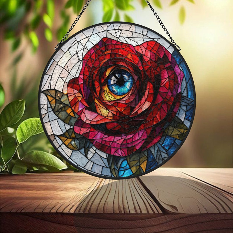 Vitrail rose avec œillets vitrail pour fenêtre, 7.8x7.8in(20x20cm)