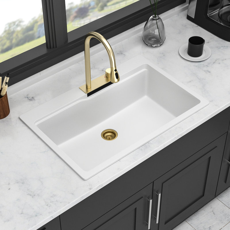 33X22" White Quartz Composite Workstation Kitchen Sink With Waterfall Flair & Pull-Out Faucet And Assorted Accessory Collections For Drop In - Composite, Diverse Mixtures
