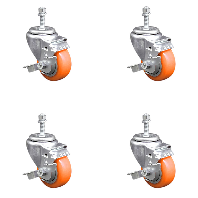 Ensemble de roulettes à tige filetée 3,5 po en polyuréthane orange 3,5 po