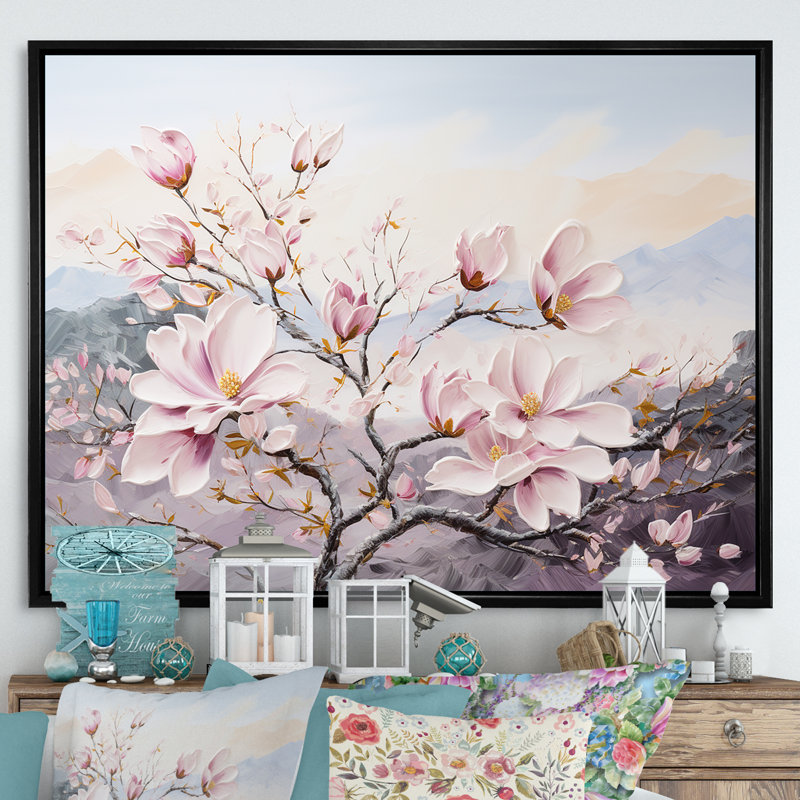 Fleurs de magnolia roses II sur toile, H 30 po x l 40 po x P 1,5 po, Cadre flottant noir