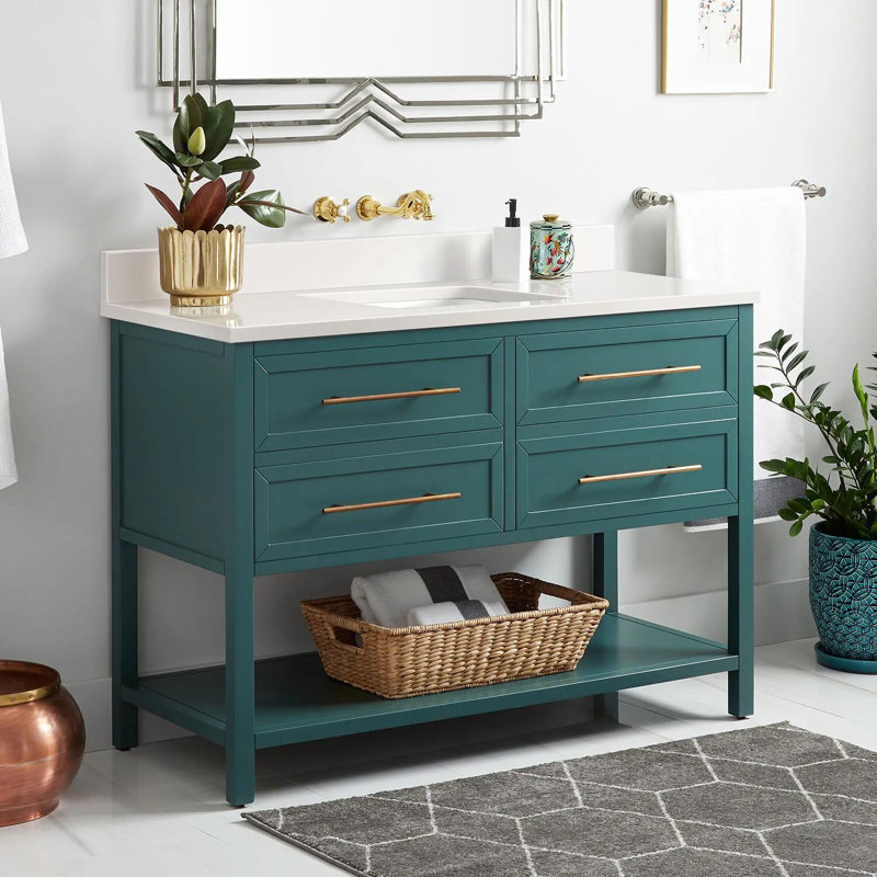 48" Robertson Single Bathroom Vanity Set with Rectangular Undermount Sink, No Drillings, Arctic White Quartz, Black