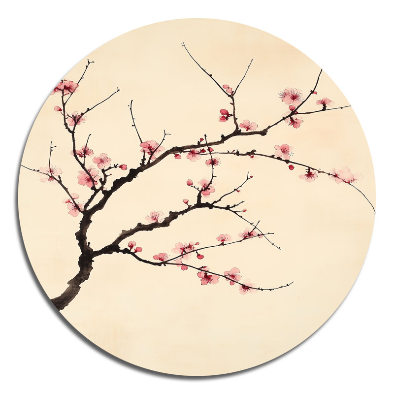 Plum Blossoms in Ink - Art mural rond en métal Sumi-e, H 23 po x l 23 po