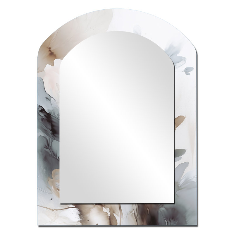 Fleurs délicates grises IV - décor de miroir mural unique arche florale, grand miroir asymétrique blanc, impression d'art en métal
