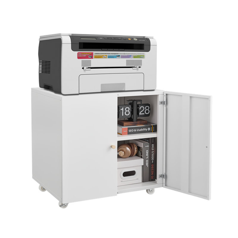 Mobile Printer Stand with File Storage Cabinet and Wheels, White
