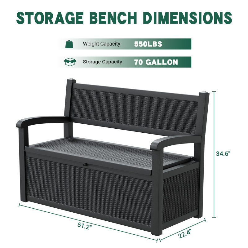 70 Gallon Durable Resin Outdoor Storage Box Multi-Purpose Bench Patio Storage Bench, Black