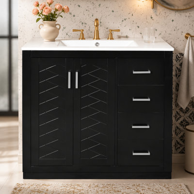 Ensemble de meuble-lavabo 36 po avec lavabo en céramique, armoire de rangement en bois massif, ensemble de meuble-lavabo autoportant avec 3 tiroirs et portes à fermeture douce