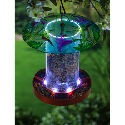 Mangeoire solaire pour oiseaux avec verre embossé peint à la main, colibri occupé