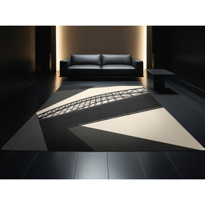 Tapis géométrique beige lavable à la machine Owan Sydney Harbor Bridge