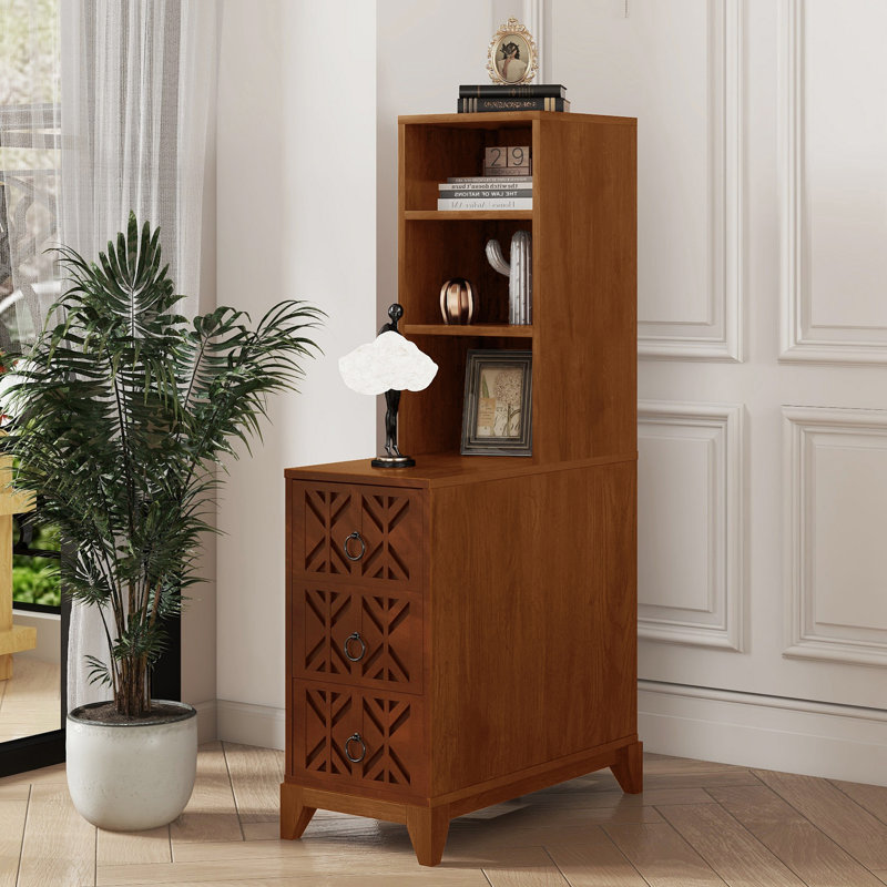 Multifunctional White End Table with Charging Station & Storage Drawers, Natural