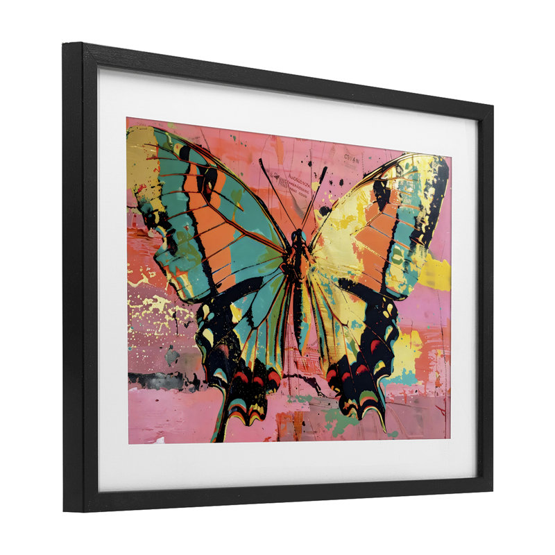 «Retro Butterfly over Abstract», reproduction encadrée sous verre rose par LSR Design Studio, H 14 po x l 20 po
