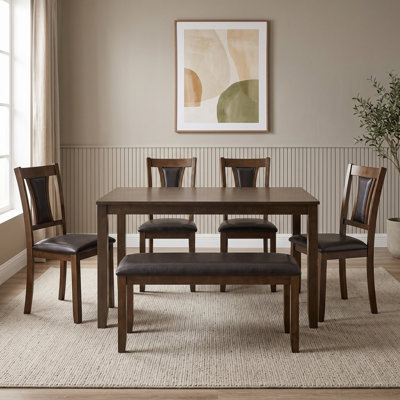 6Pcs Dining Table Sets with Rectangular Table, Bench and 4 Upholstered Chairs, Dining Room Furniture Set for 6