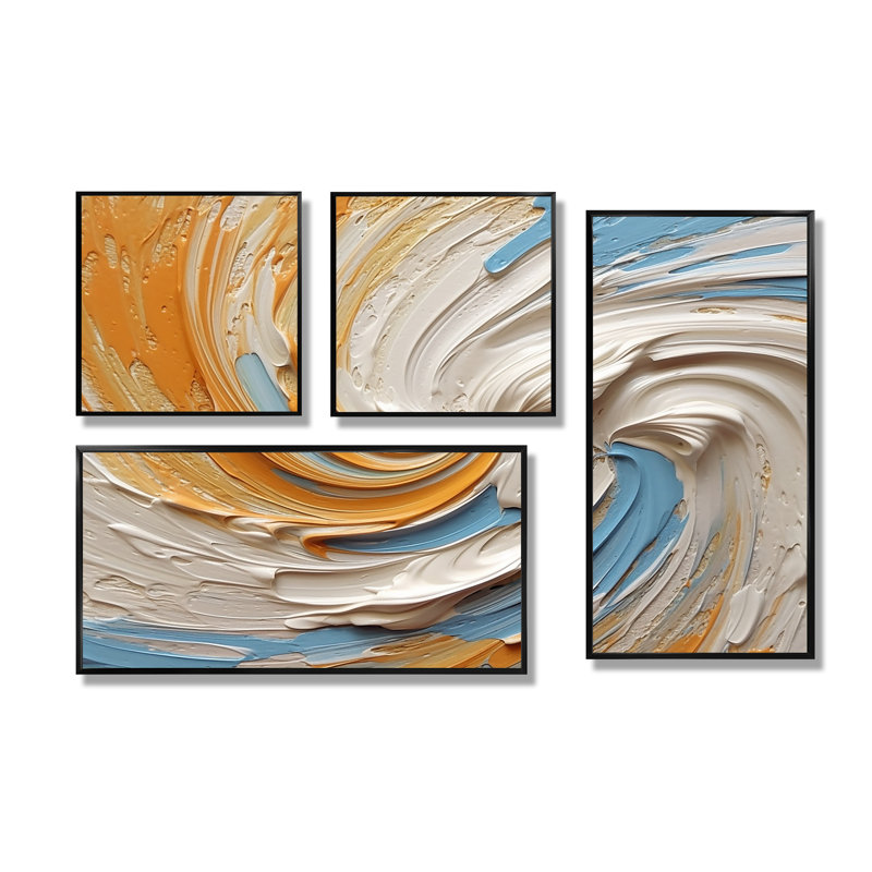 «Gold Eernal Swirl III», art mural spirales abstraites 4 pièces, Impression encadrée sans passe-partout, Noir