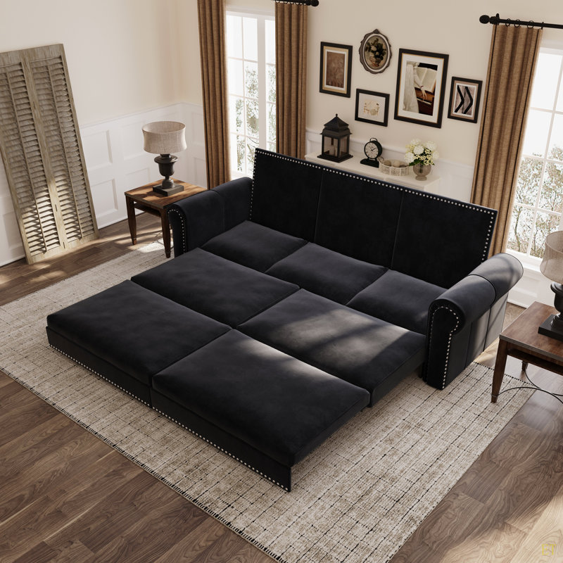 Canapé Chesterfield, canapé-lit gigogne de 93,7 po, canapé-lit convertible en velours 3 en 1 avec garniture cloutée et accoudoirs roulés, canapé-lit multifonctionnel