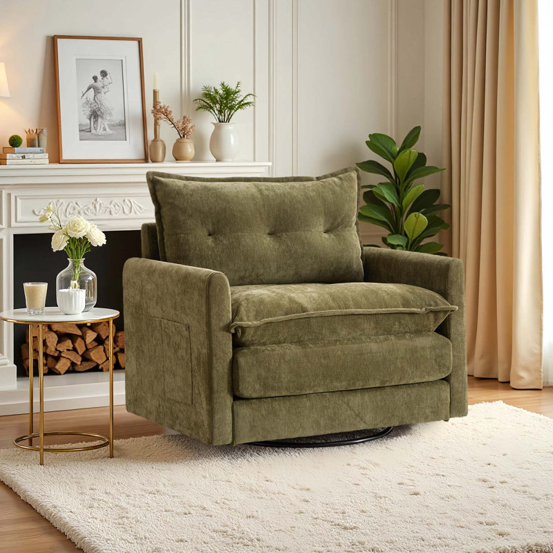 360°Chenille Upholstered Single Swivel Chair, Olive Green