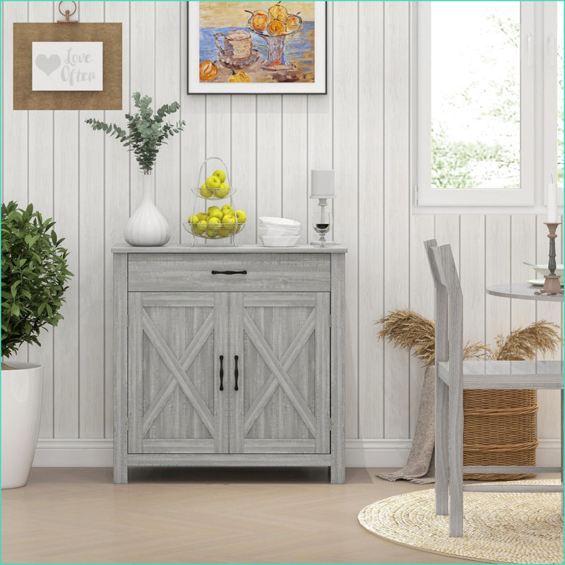 Buffet Buffet, porte de grange de ferme avec tiroir & amp; Tablette réglable, gris pierre | Panneau de fibres à densité moyenne | Panneau de particules