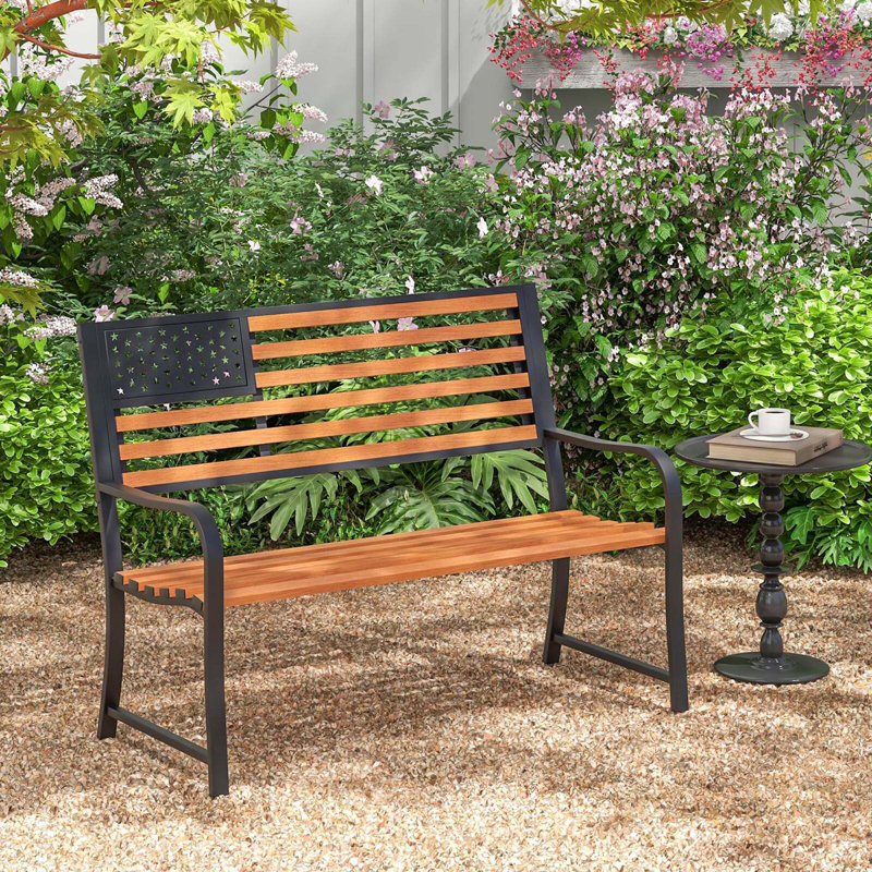 Banc de jardin extérieur 17 po 17 Stories avec dossier à motif drapeau et finition grain de bois rustique