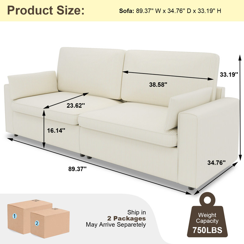 Latitude Run Jiarui 89.37'' Square Arm Corduroy Sofa with Washable Cover, Cream