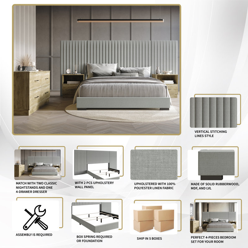 Torrin 4 Piece Upholstered Linen Bedroom Set, Queen