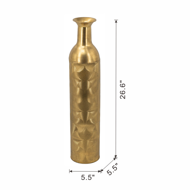  Antique Gold Iron Vase With Geometric Motif, 26.6" H x 5.5" W x 5.5" D
