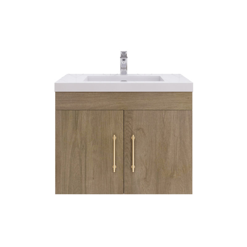 Ensemble de meuble-lavabo mural simple 30 po Carliss, Blanc/chêne, Or