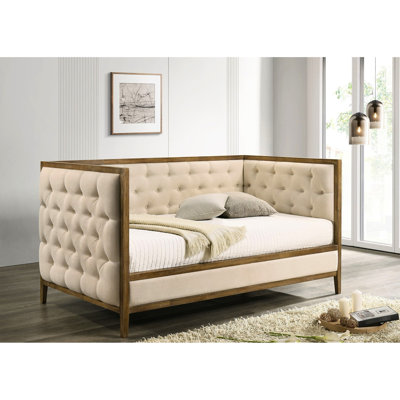 Lit de jour simple en chêne naturel de style transitionnel, garniture en bois, capitonnage à losanges, idéal pour le salon en chêne, primaire