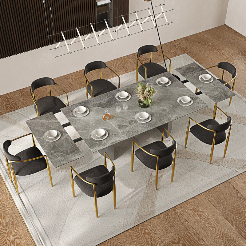 Ensemble de table de salle à manger 9 pièces avec table de salle à manger extensible en fritté de 94,5 po avec 8 chaises en tissu