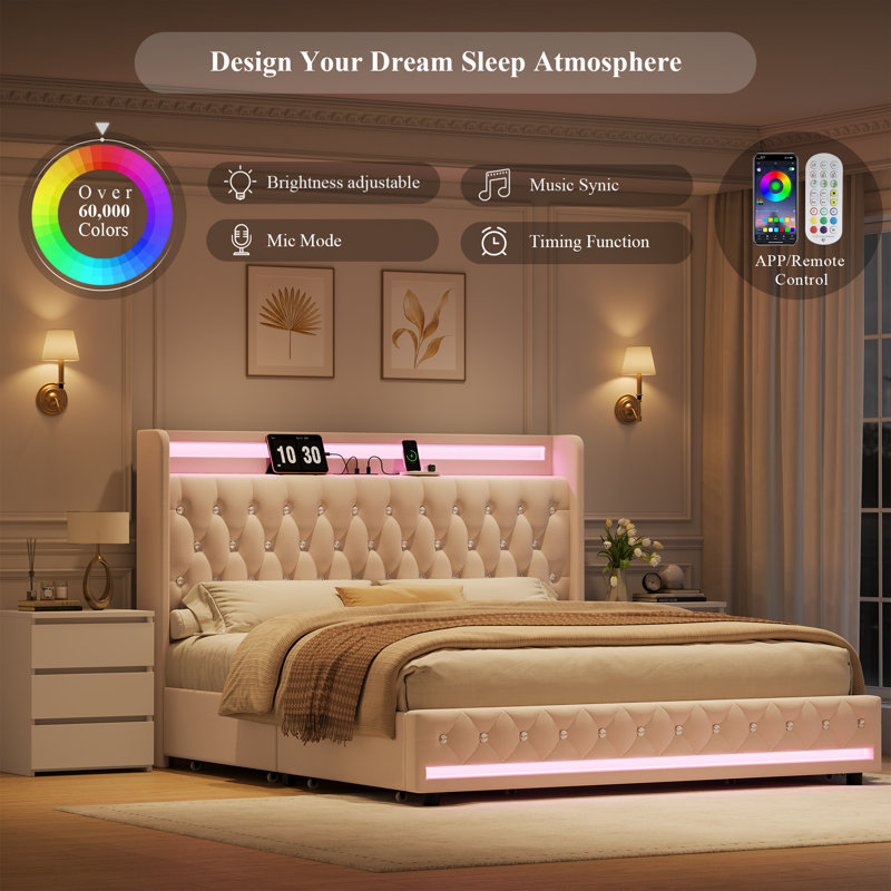 3-Piece Modern Elegant Bedroom Sets With Velvet Bed & Two Storage Nightstands, Full, Beige