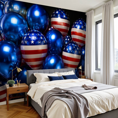 Peel and Stick Wallpaper Wall Mural Patriotic American Flag Balloons Red White Blue Stars Stripes Wall Art Self Adhesive and Removable