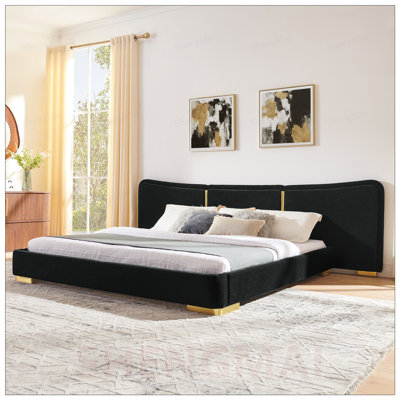 King Size Extra Large Platform Bed, Soft Chenille Fabric Frame, Curved Headboard, Reinforced Electroplated Metal Legs, Flexible DIY Side Space Design